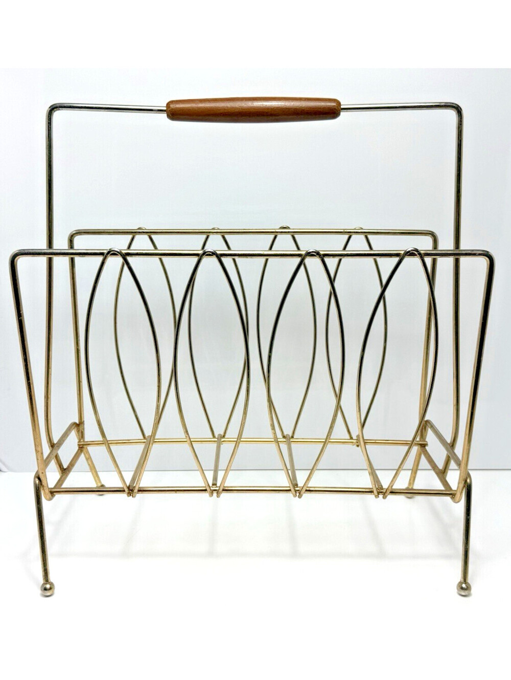 Vtg MCM Metal Magazine Rack Stand Wood Handle Leaf Geometric Design